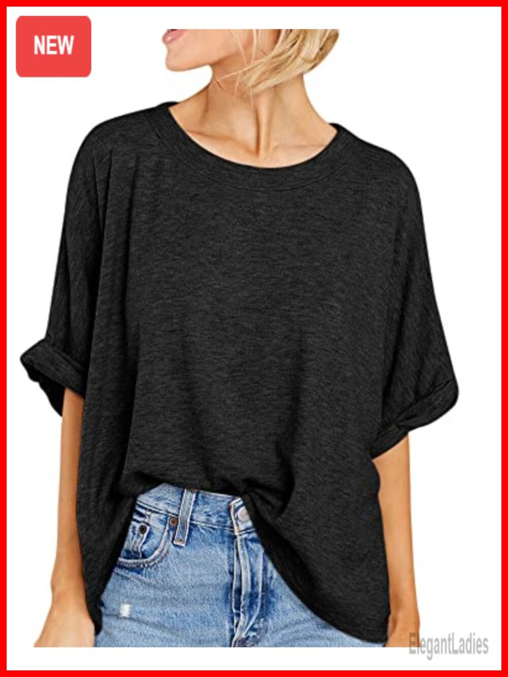 Oversized Womens T-Shirt Crew Neck Rolled Sleeves Loose Fit Casual Tee